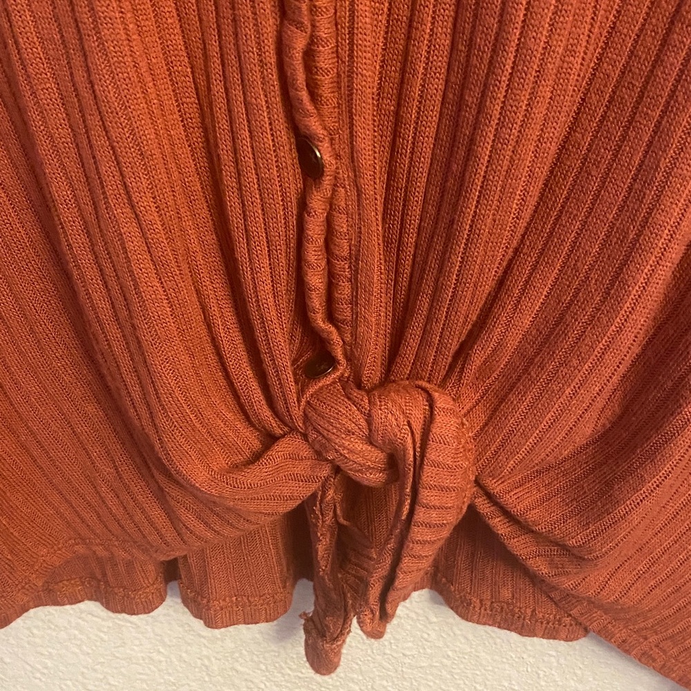 True Craft Ribbed Button-Up Tie-Front Top - Rust Orange - Picture 2 of 4